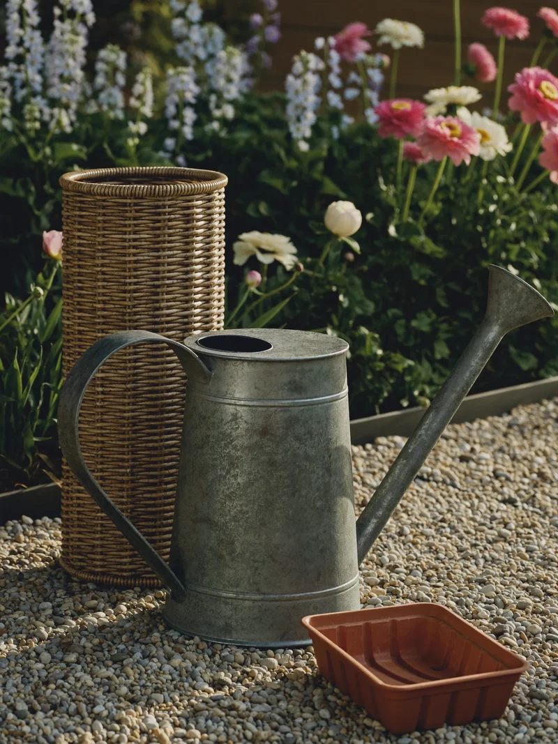 Zinkvandkande, plantestøtte af pil og tom frøbakke på en grussti ved blomsterbede